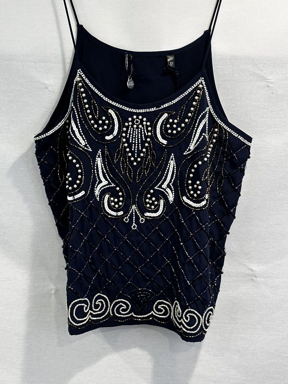 BKE Boutique Top Womens Tunic size XS Navy Blue Beaded Spaghetti Strap Pullover